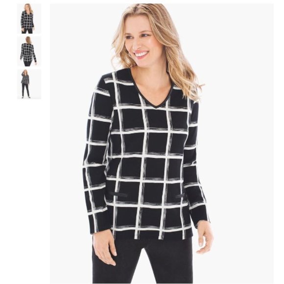 NWT Chico’s GRAPHIC BLOCKS FAUX-LEATHER TRIM TOP - Picture 1 of 6